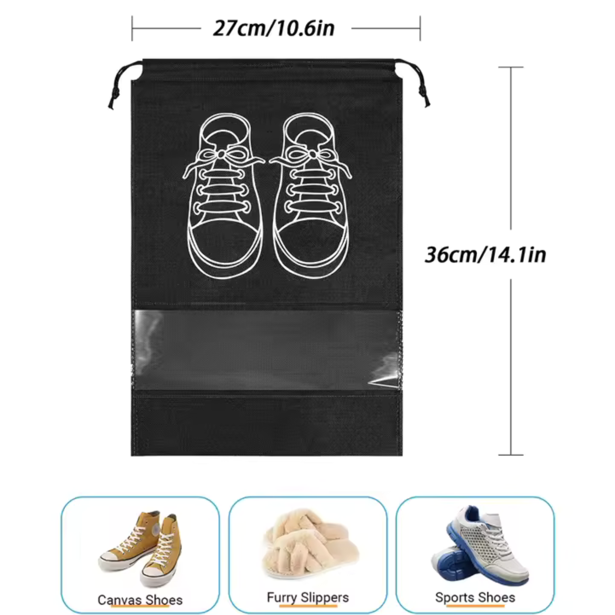 Travel Shoe Bags, Large Shoes Pouch Packing Organizers with Rope for Men and Women Pack of 5 - (Black Color)