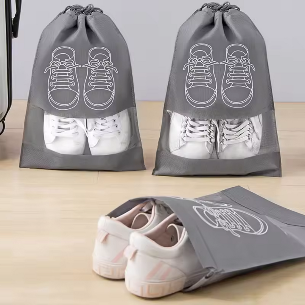 Travel Shoe Bags, Large Shoes Pouch Packing Organizers with Rope for Men and Women Pack of 5 - (Grey Color)
